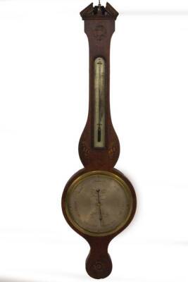 An early 19thC mahogany wheel barometer, with broken arch pediment, floral marquetry roundel over a silvered thermometer, oval shell patera, over 20cm dial, marked J.S.Vecchio NOTTINGHAM, over a further floral roundel, 96cm H.