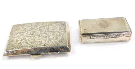 A Victorian silver snuff box, with engine turned decoration, shield reserve, Edward Smith, Birmingham 1838, 69mm wide, together with a George V silver curvilinear cigarette case with engraved foliate decoration, square reserve monogramming engraved, Birmi