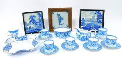 A Copeland Spode late 19thC porcelain part coffee service, decorated in blue and white with flowers, together with a sugar bowl, a fluted Copeland Willow pattern cream jug, transfer printed blue and white tiles, and sundries. (qty)