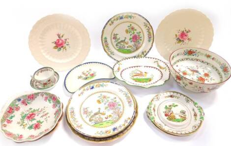 A group of 19thC Copeland Spode pottery, including sauce tureen stands, shaped dessert dishes, scallop shell dessert dishes, and a fruit bowl.