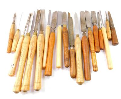 A group of wooden turning chisels, with turned wood handles. (qty)