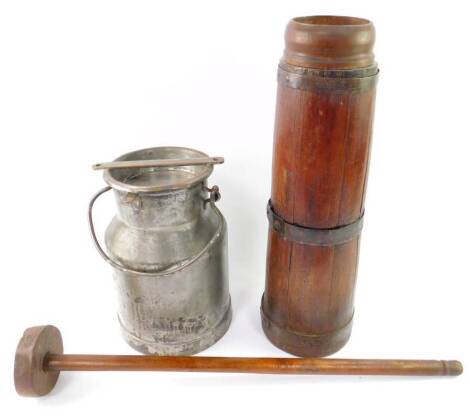 An aluminium butter churn, 34cm H, and a pine and iron bound butter church, 79cm H. (2)