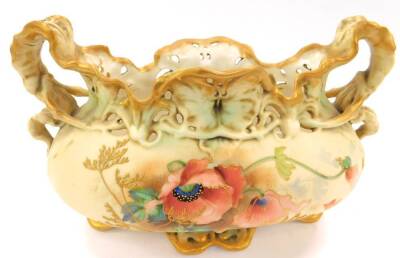 An Ernst Wahliss Turn Art Nouveau blush porcelain vase, of oval twin handled form, moulded with scrolling leaves, and painted with poppies, gilt heightened, pattern no 5907/2735/20, printed painted and impressed marks, 29cm W.
