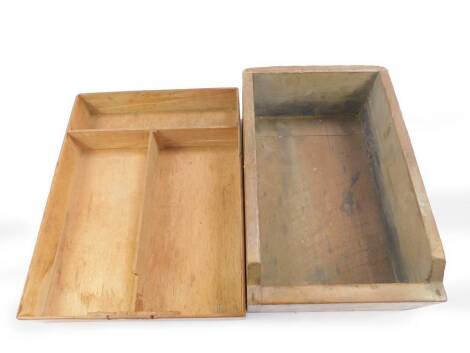 An early 20thC pine housemaid's box, 17cm H, 29.5cm W, 45.5cm D., and a further sectioned box, 8cm H, 49.5cm W, 38.5cm D. (2)