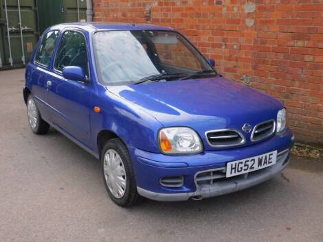 A Nissan Micra Tempest, HG52 WAE, petrol, three door hatchback, 998cc, blue, circa 32,353 recorded miles, first registered 28/11/2002, V5 present, SORN, MOT expired on 07/03/2019.