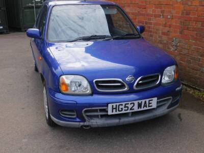 A Nissan Micra Tempest, HG52 WAE, petrol, three door hatchback, 998cc, blue, circa 32,353 recorded miles, first registered 28/11/2002, V5 present, SORN, MOT expired on 07/03/2019. - 2