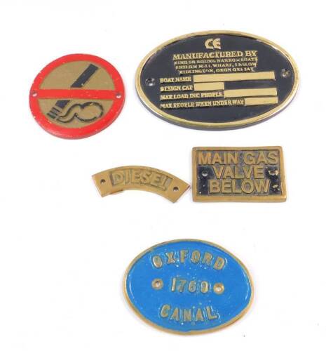 Five various brass boat plaques, including Oxford Canal 1769., Main Gas Valve Below., and Diesel, etc.