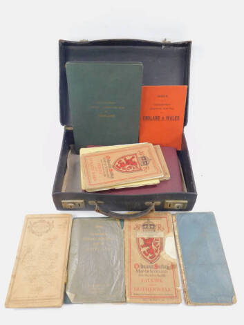 Various travel maps, including Geographica General Reference Maps of Scotland, England and Wales, (2), folding travel maps, etc. in a leather attache case.