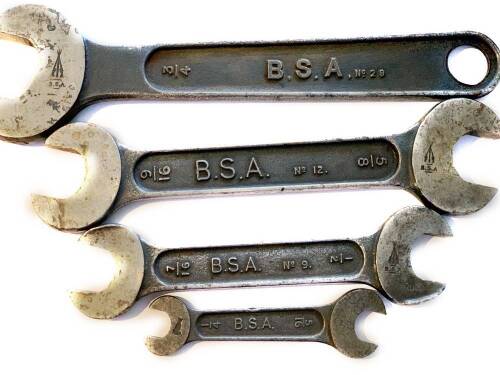 A boxed set of five BSA spanners, sized from No 4 to No 29, in original wooden case, 31cm W.