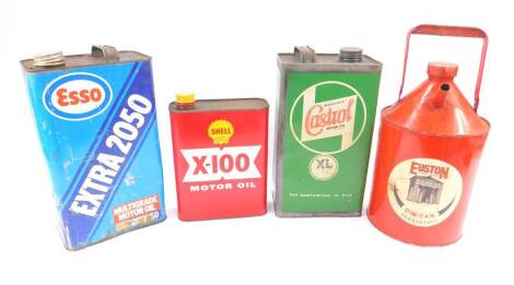 Vintage automotive related tins, including oil cans for Euston, ESSO, Castrol XL, and Shell X100. (4)