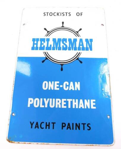 A vintage enamel sign marked Stockists of Helmsman 1-Can Polyurethane Yacht Paints, 46cm x 30cm.