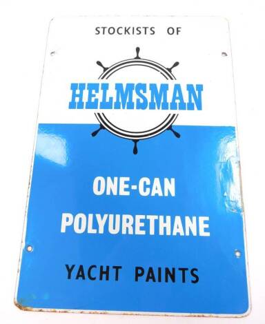 A vintage enamel sign marked Stockists of Helmsman 1-Can Polyurethane Yacht Paints, 46cm x 30cm.