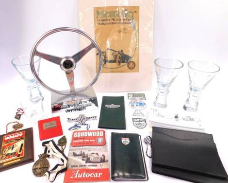 British Touring Car and Masters Historic Racing interest. 2010 Silverstone Masters Winner Trophy, 1990 glass trophies, BRDC related items including Christmas cards, plaques, handbook and other items. (qty)