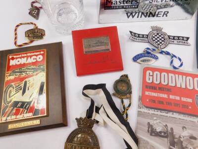 British Touring Car and Masters Historic Racing interest. 2010 Silverstone Masters Winner Trophy, 1990 glass trophies, BRDC related items including Christmas cards, plaques, handbook and other items. (qty) - 2