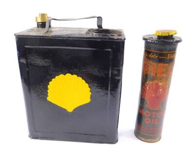 A Shell Petroleum can with brass cap and integral oil cylinder.