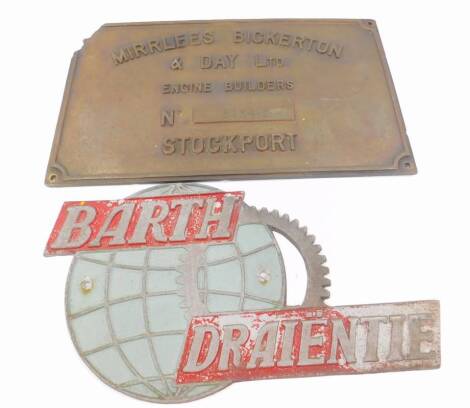 Two plaques marked for Barth Drainite and Mirlees Bickerton & Day.