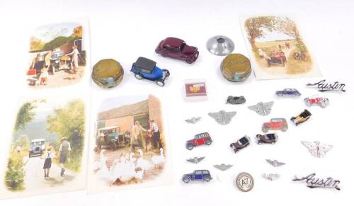 Austin memorabilia, to include to brass wheel nuts, Dinky die cast Austin Devon, further die cast vehicles, badges, postcards, etc. (1 tray)