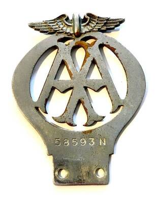 A mid century AA Car Membership grille badge, No 58593N, 12.5cm H.