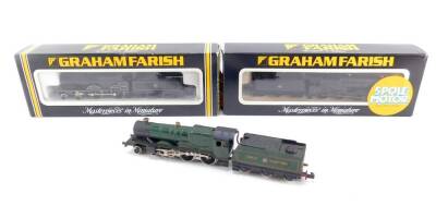 Three Graham Farish N gauge locomotives, comprising a Hall Class locomotive, Mere Hall, BR black livery, 4-6-0, 7915., Great Western Castle Class locomotive, Clun Castle, 4-6-0, 7029., and a further locomotive, BR black livery, 4-4-0, 40938, two boxed. (3