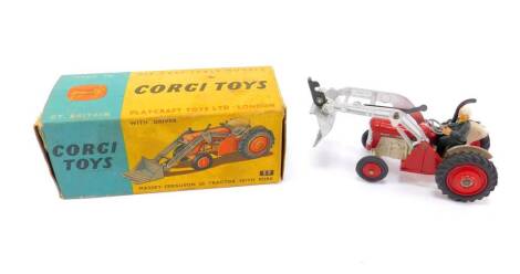 A Corgi die cast Massey Ferguson 65 tractor, with fork and driver, red body, 57, boxed.