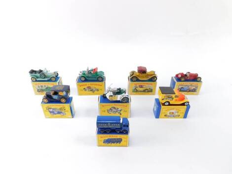 A Lesney Matchbox Series Tate and Lyle Sugar Container, No.10, 1914 Sunbeam Motorcycle Y-8, 1911 Renault Y-2, and a 1913 Cadillac Y-6. (8)