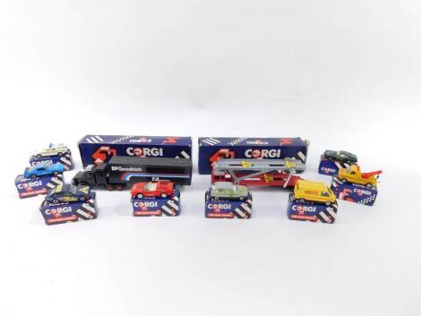 Corgi die cast models, boxed, including a Scammell Container Truck and a Volvo Car Transporter, Jaguar Track Car, Renault Traffic and a Rover Police Car, etc. (10)