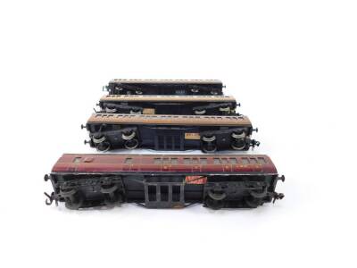 Four Exley 00 gauge coaches, comprising LNER First/Third and two LNER All Third, together with an LMS Third/Brake coach. - 3