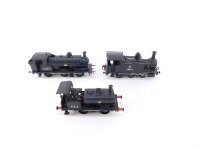 Three kit built 00 gauge shunting engines, BR black livery, comprising a 2F-M Class engine, 0-6-0T, 58862., 0F-A engine, 0-4-0ST, 41516., and an LYR 23 Class engine, 0-6-0ST, 51404.