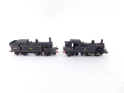 A kit built 00 gauge M7 Class locomotive, BR black livery, 0-4-4T, 30038, and a 2P-C locomotive, black livery, 0-4-4T, 41901. (2)