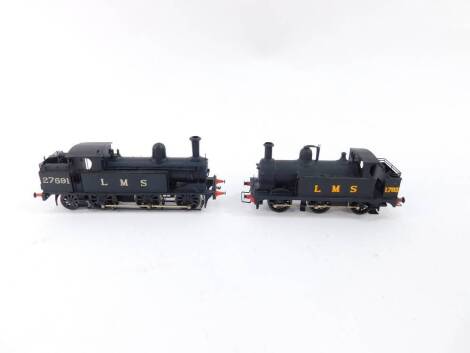 Two kit built 00 gauge LMS shunting engines, black livery, comprising 0-6-2, 27591, and 0-6-0, 1793.