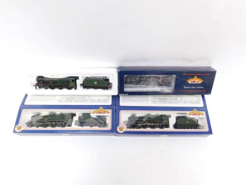 Three Bachmann Jubilee Class 00 gauge locomotives, BR green livery, 4-6-0, comprising Connaught 45742, Travancore 45590, and Invincible 45715, all boxed.