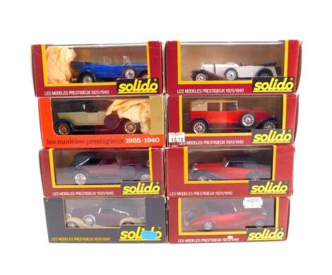 Eight Solido Age d'Or die cast vintage motor cars, comprising a Mercedes SS Torpedo, Renault 40 CV, Panhard 1925, Hispano Suiza, Fiat 1929, Delarge D8 120, Delahaye 78, and a Delahaye 1148, all boxed.