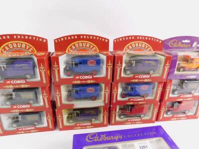 Corgi die cast Cadbury's Travellers Chocolate vintage selection trucks, boxed, together with a Majorette Cadbury's Collection 3 Vehicle Set, chocolate bars lacking. (13) - 2