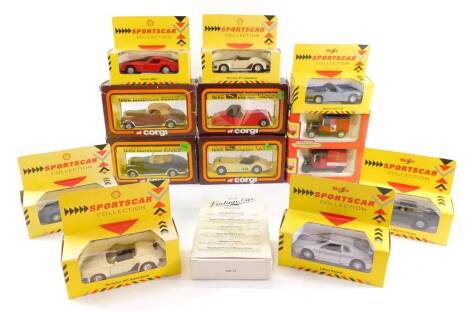 Four Corgi die cast Cars Of The 50's, comprising 1956 Mercedes 300 SC, blue, another in red, 1952 Jaguar XK120 and a 1953 Jaguar XK120, a Motoring Memories Royal Mail Van, and a Reader's Digest Set of Vintage Car Miniatures, together with a Maisto Sports 