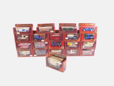 Matchbox Models Of Yesteryear die cast vintage trucks, boxed, including a 1920 Model AC MAC advertising Arctic Ice Cream Company Y-30, 1918 Crosley Beer Lorry Y-26, Preston Tram Car Y-15, and a 1910 Renault Type AG advertising James Neal & Sons Ltd. (20)