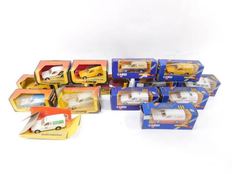 Corgi die cast vehicles, including a British Telecom 499 Escort Van, 496 Ford Escort, 3290 Opal Senator, and a 497 Radio Rentals Escort Van, all boxed. (15)