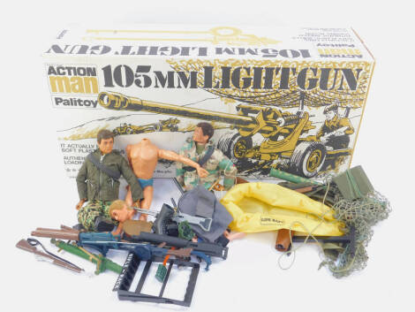 A Palitoy Action Man 105mm light gun box, lacking contents, together with Action Man figures, clothes, guns, etc. (qty)