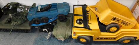 An AA Service child's pedal car and trailer, together with Action Man armoured vehicles and sundries. (qty)