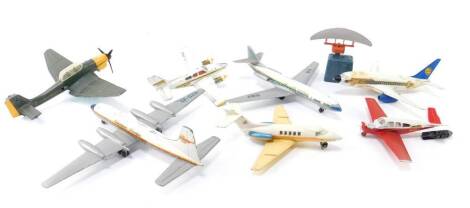 Dinky die cast commercial private and other aeroplanes, including a Britannia Canadian Pacific, Hawker Siddeley 125, Caravelle SE210, and a Junkers JU87B, together with a Corgi Airfield Radar, unboxed. (8)