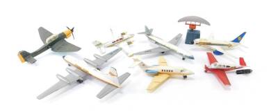 Dinky die cast commercial private and other aeroplanes, including a Britannia Canadian Pacific, Hawker Siddeley 125, Caravelle SE210, and a Junkers JU87B, together with a Corgi Airfield Radar, unboxed. (8) - 2