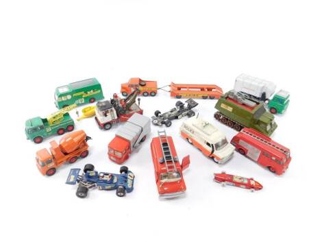 A Dinky Toys die cast Shado 2, Ford Transit Van, Police Accident Unit, Matchbox Scammell 6x5 Tractor, fire engines, cars, etc, some play wear. (qty)