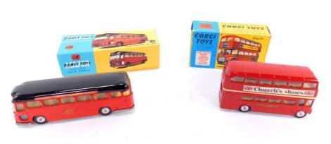 A Corgi Die Cast Midland Red Motorway Express Coach 1120, replica box, together with a London Transport Routemaster Bus, with driver and clippie, boxed. (2)