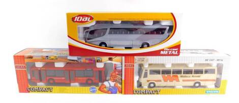 Three Joal Die Cast Coaches, scale 1:50, comprising a Volvo Coach, Scania Omnicity Autobus, and a Scania-Irizar Autobus, all boxed. (3)