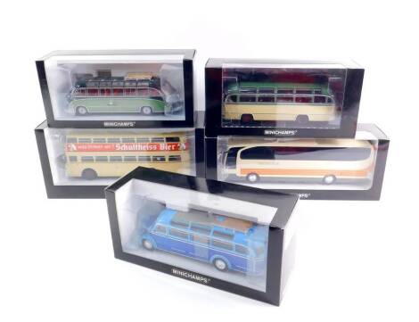 Five Minichamps die cast models of Coaches and Buses, comprising a Setra S8., BVG Bus, Mercedes Benz H Bus 1957., Mercedes Benz Travego 2000., and a Mercedes Benz 3500 Bus 1954, all boxed.