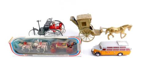 A NZG die cast model of a Mercedes Benz Omnibus 3500, a steam driven model of a tricycle, brass model of a horse and chaise, and a Corgi model of The 1902 State Landau - The Queens Silver Jubilee 1977, boxed. (4)