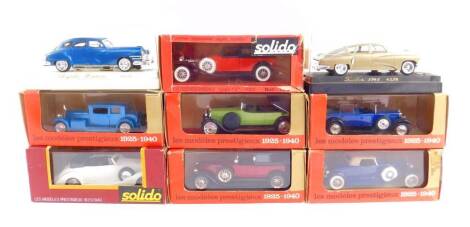 Solido die cast vintage motor cars, boxed, including a Fiat 1929 Hispano Suiza., Voisin 17CV., and a Duesenberg J. (9)