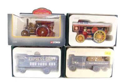 Three Corgi Vintage Glory of Steam Premium Edition die cast models, comprising a Sentinel drop side wagon - Express Dairy., Foden drop side wagon with sack load - GWR., and a Fowler B6 Showman's Engine - King Carnival II., together with a Vintage Glory of