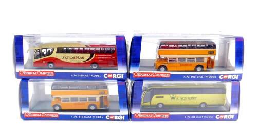 Corgi limited edition die cast models The Original Omnibus Company, comprising two Routemaster East Midlands 16 Clipstone., Caetano CT650 Kings Ferry 007 - Dual Destination., Scania Irizar BP Brighton & Hove, boxed. (4)