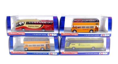 Corgi limited edition die cast models The Original Omnibus Company, comprising two Routemaster East Midlands 16 Clipstone., Caetano CT650 Kings Ferry 007 - Dual Destination., Scania Irizar BP Brighton & Hove, boxed. (4)