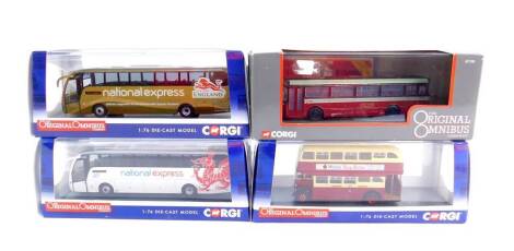 Corgi limited edition die cast models The Original Omnibus Company, comprising Crossley DD42 Lancaster City Transport 11 Scotforth - Dual Destination., Caetano Lavante - National Express London Gold England Commonwealth Games - Dual Destination., and Caet